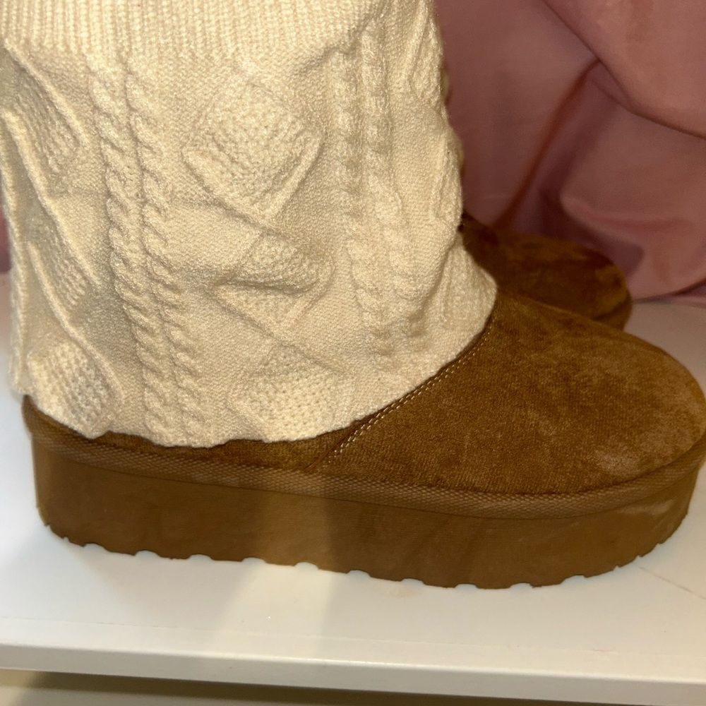 Cream Cable Knit and Brown Suede Boots
